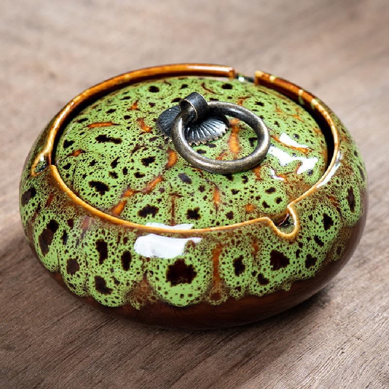 AZOFIA Handmade Ceramic Ashtray with Lids, Exquisite Pattern Ash Holder for Patio Desktop Office Smokers, Ash Tray for Indoor Tabletop Home Office Decor (Mix Green, M-Size) - Image 1